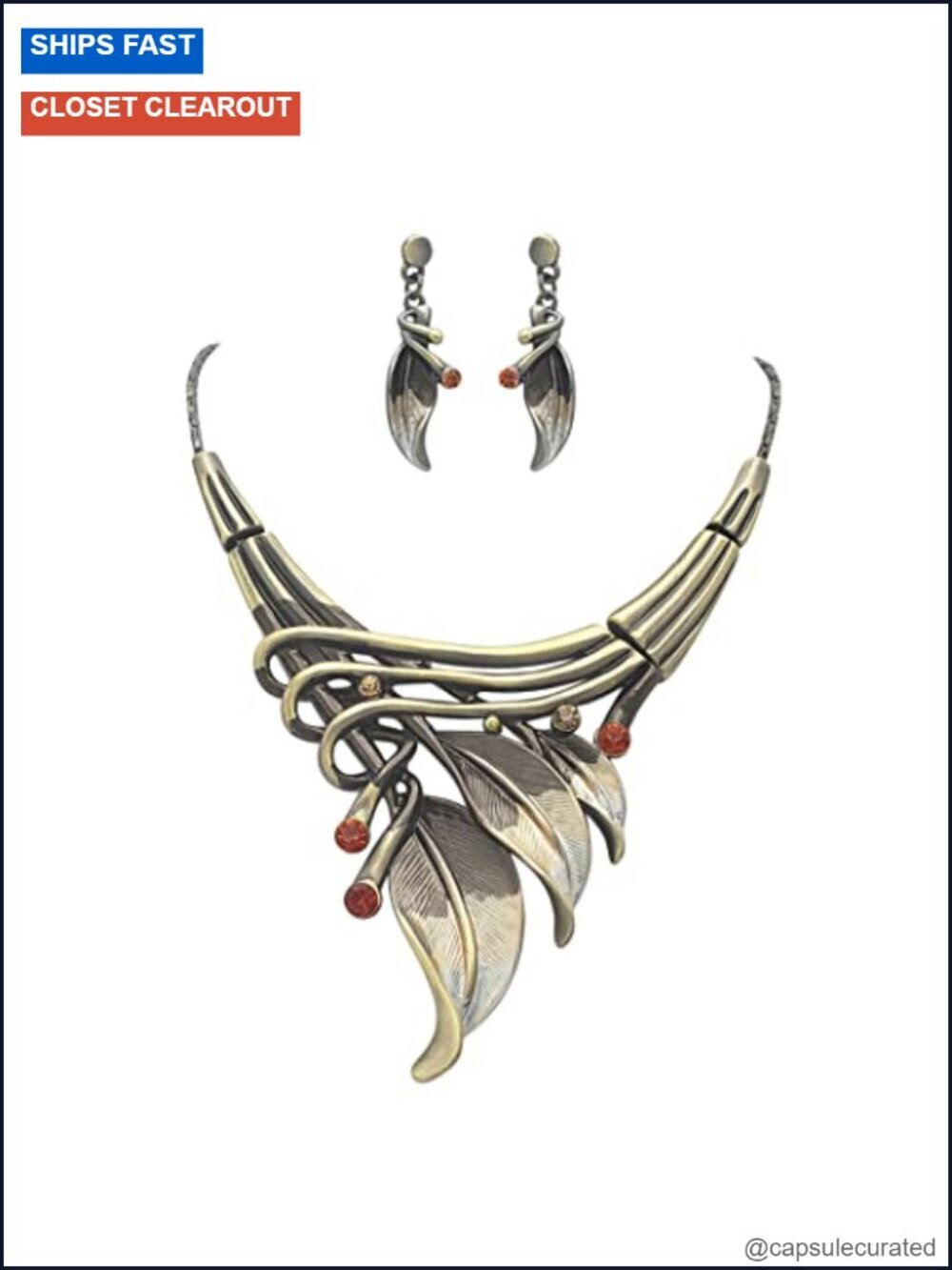 Textured Metal Leaf Crystal Rhinestone Necklace Earrings Set